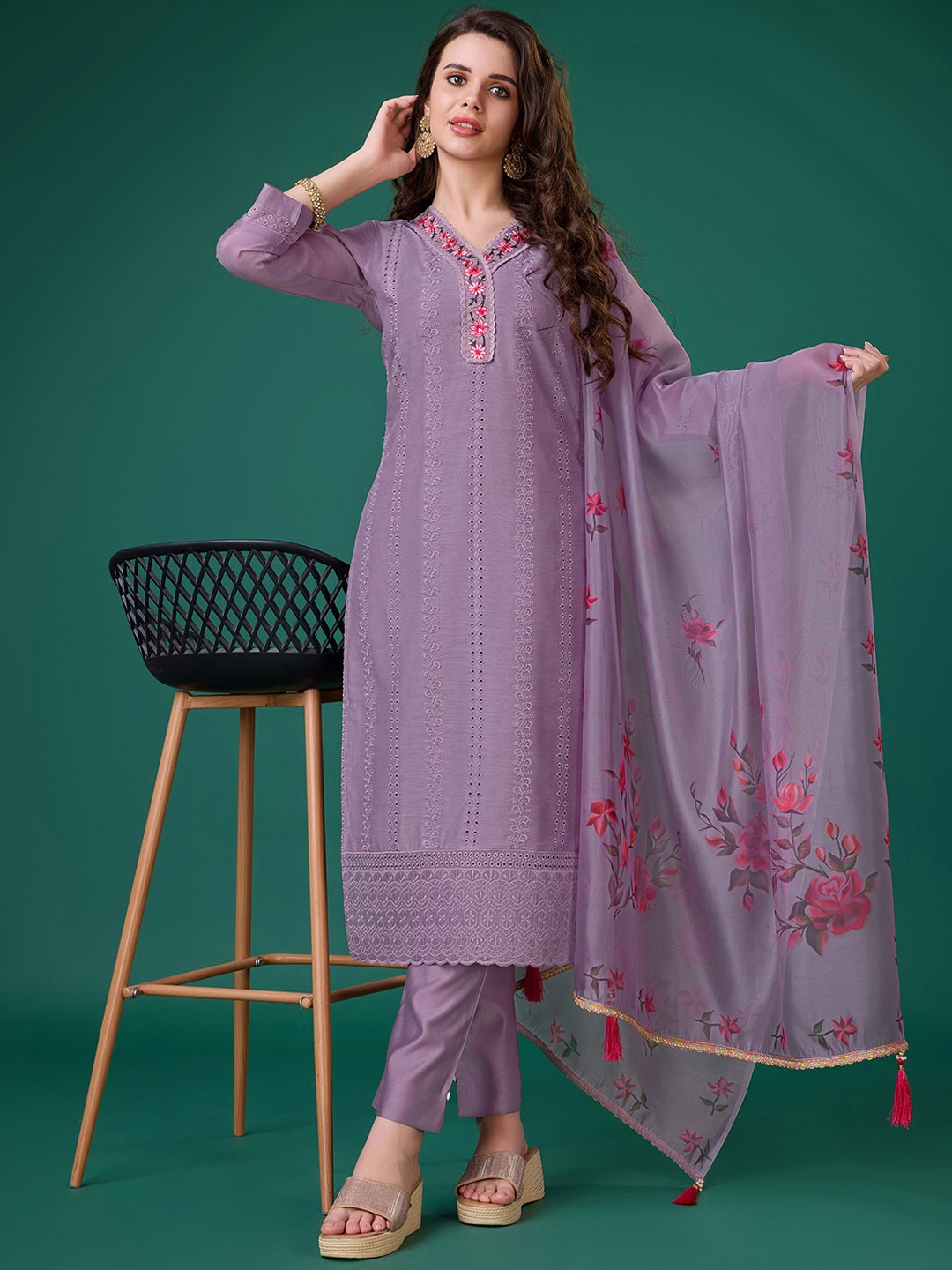 

MOJILAA Embroidered Chanderi Silk Chikankari Straight Kurta with Trousers & Dupatta, Lavender