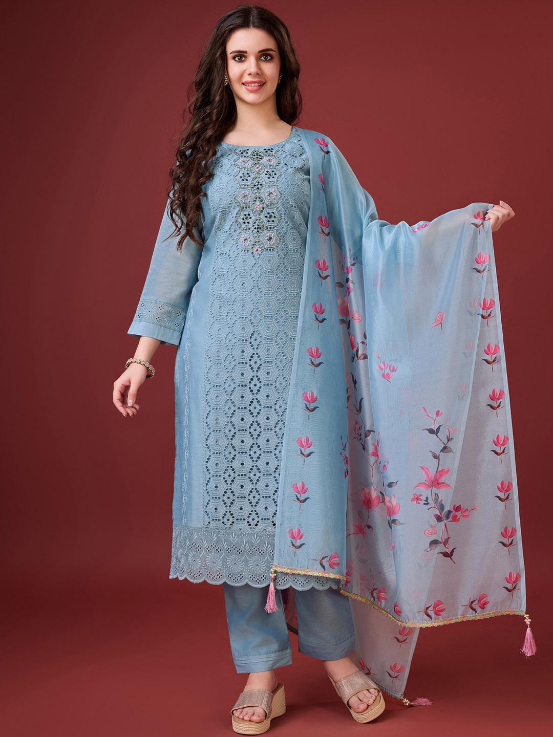 

MOJILAA Ethnic Motifs Embroidered Chikankari Chanderi Silk Kurta With Trousers & Dupatta, Blue