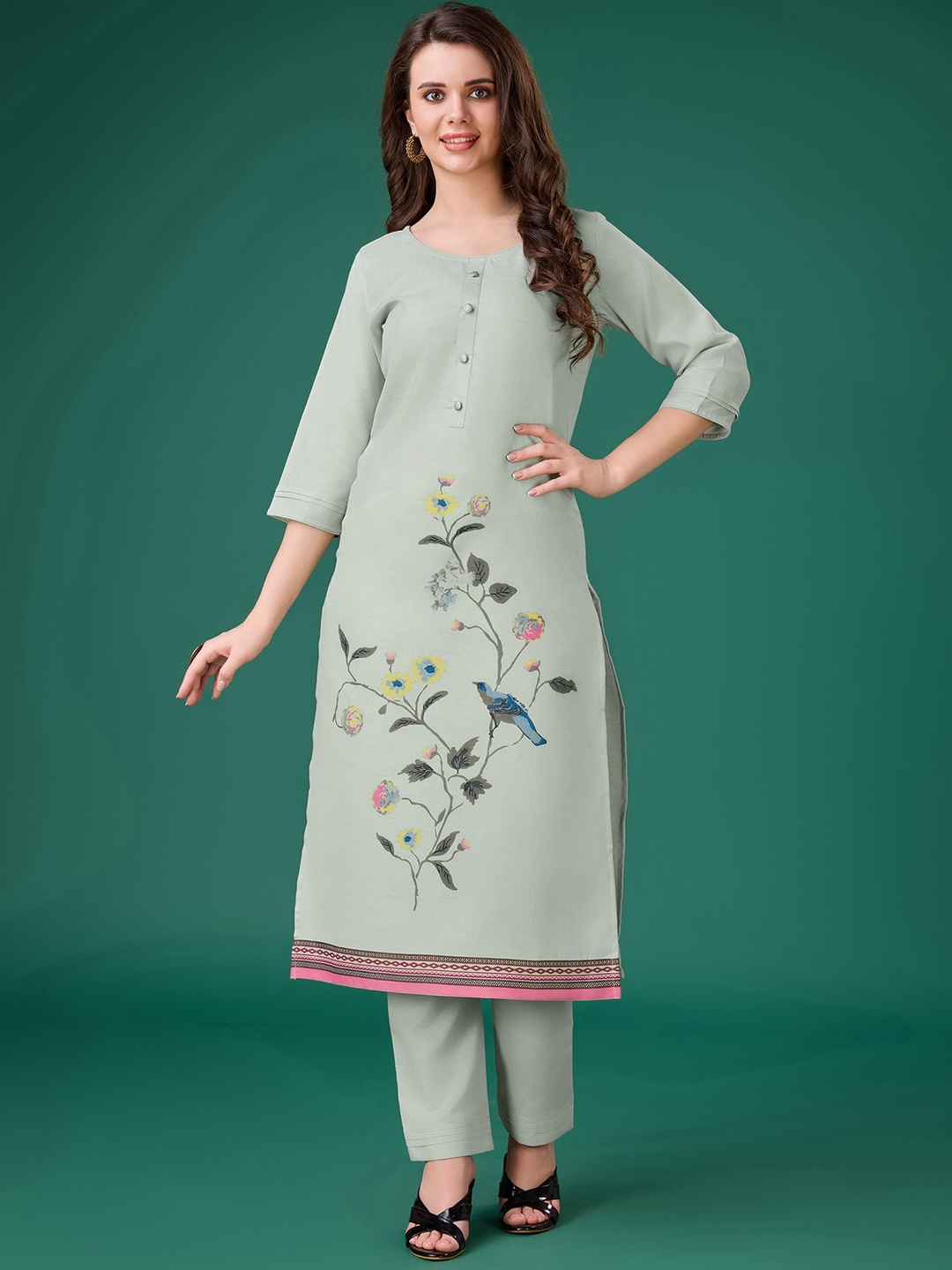 

MOJILAA Floral Printed Round Neck Linen Straight Kurta with Trousers, Grey