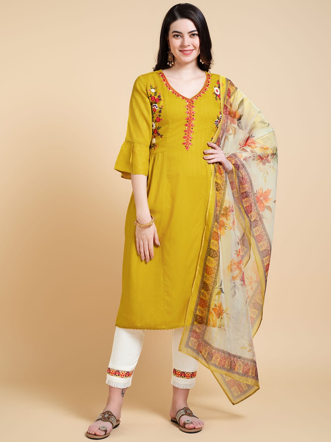 

MOJILAA Floral Embroidered Panelled Kantha Work A Line Kurta with Trousers & With Dupatta, Mustard