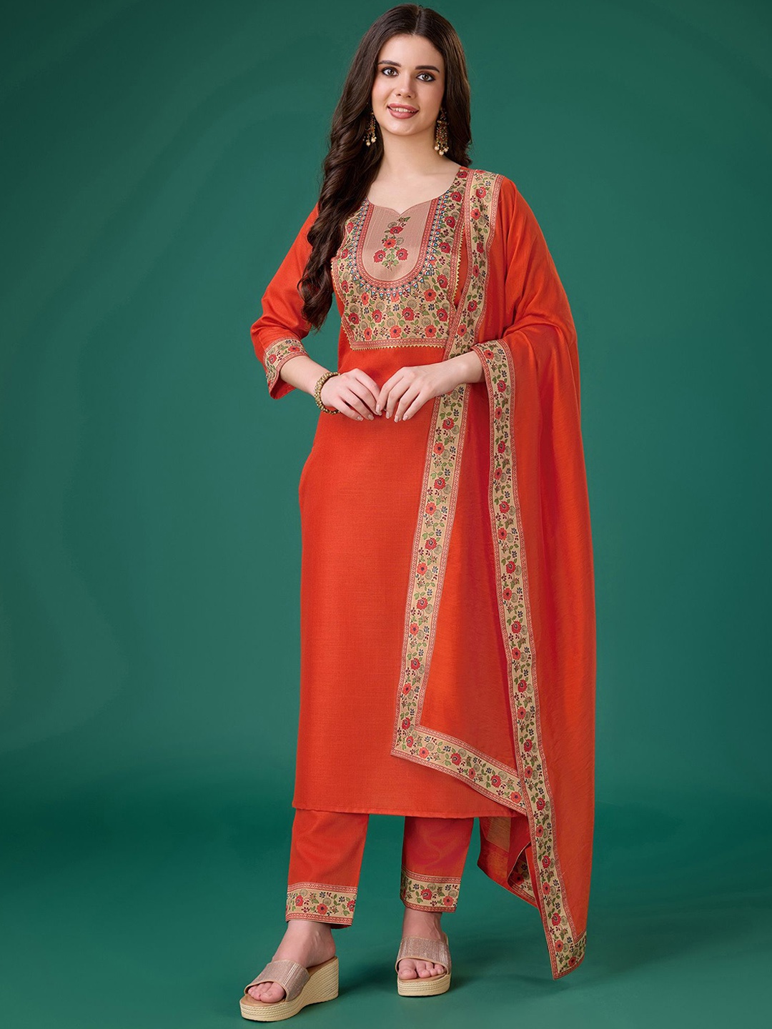 

MOJILAA Floral Printed Regular Gotta Patti Linen Kurta With Trousers & Dupatta, Orange