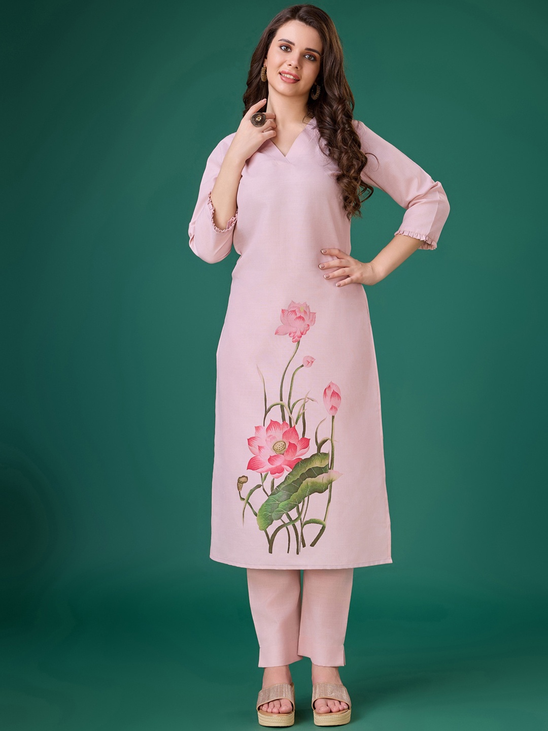 

MOJILAA Floral Printed Linen Straight Kurta with Trousers, Pink