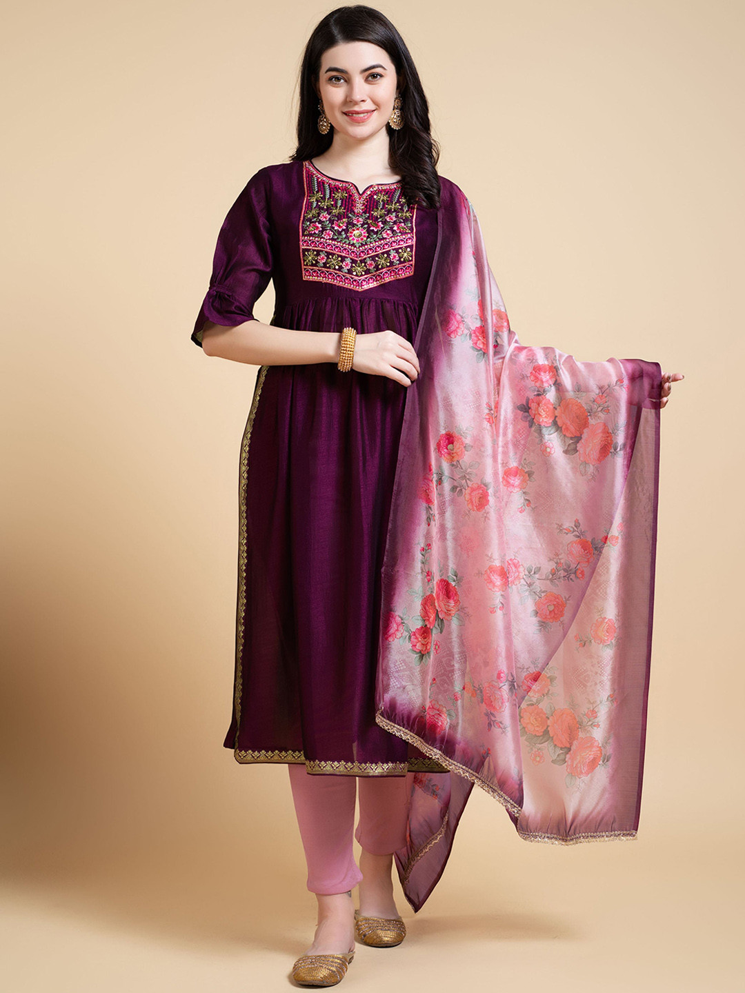 

MOJILAA Floral Embroidered Empire Beads and Stones A-Line Kurta with Trousers & Dupatta, Purple