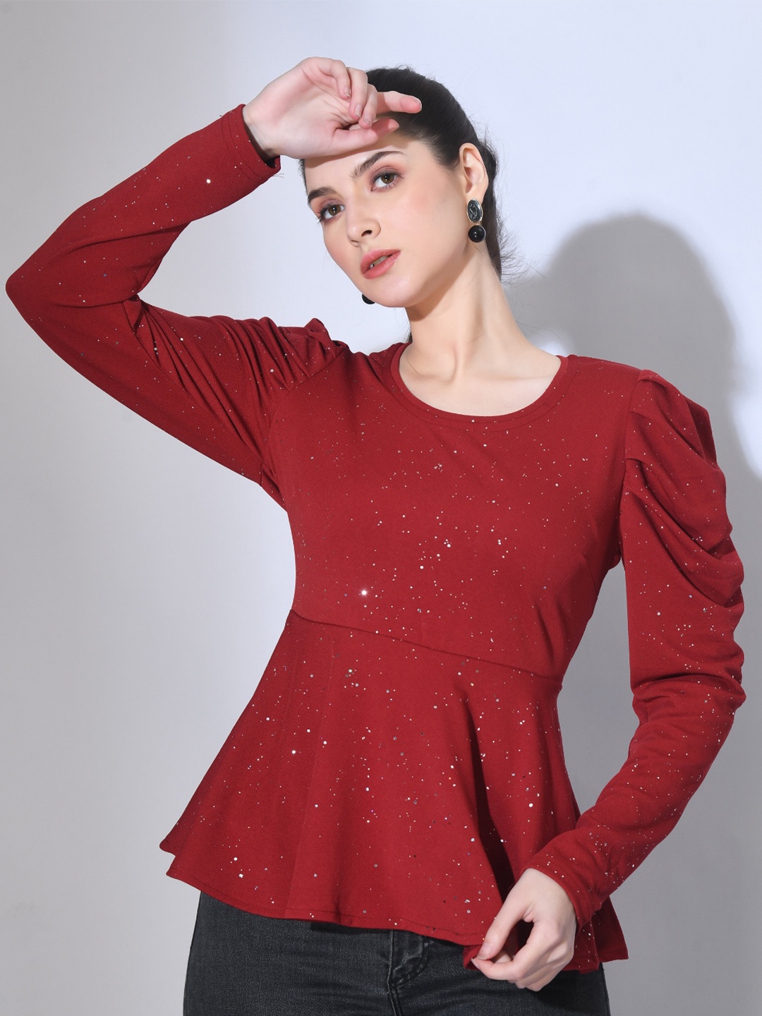 

BAESD Round Neck Full Sleeves Peplum Top, Maroon