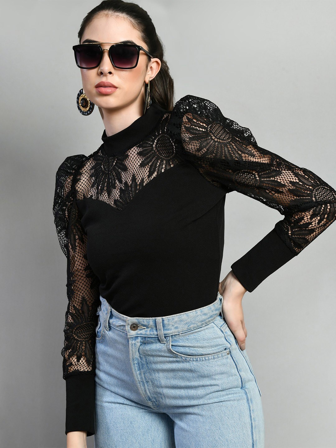 

BAESD Floral Self Design High Neck Long Puff Sleeves Top, Black