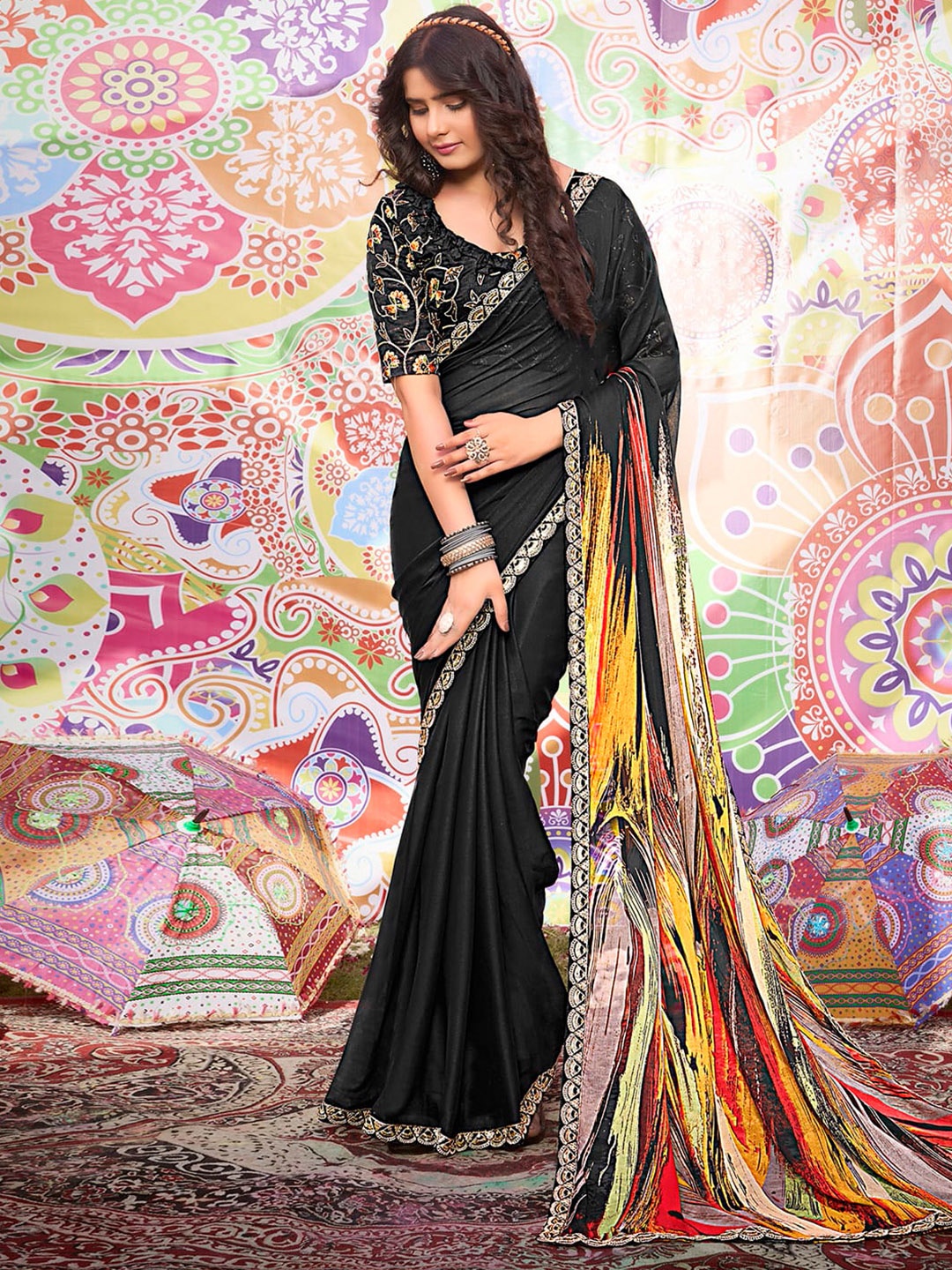 

Satrani Abstract Printed Sequinned Pure Georgette Chanderi Saree, Black