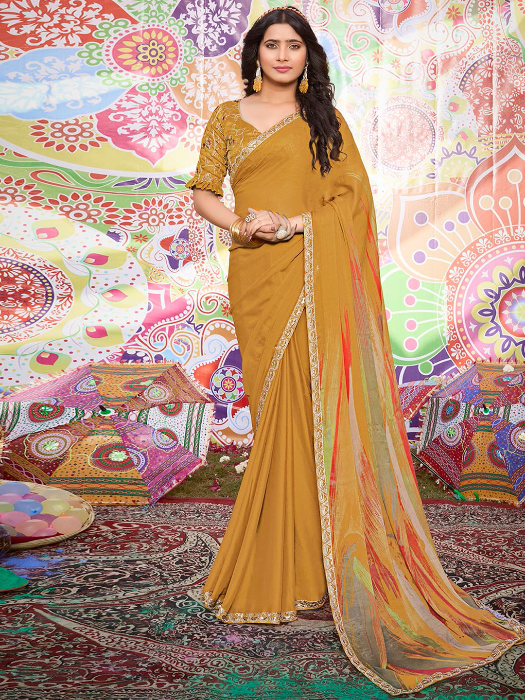 

Satrani Abstract Printed Sequinned Pure Georgette Chanderi Saree, Yellow