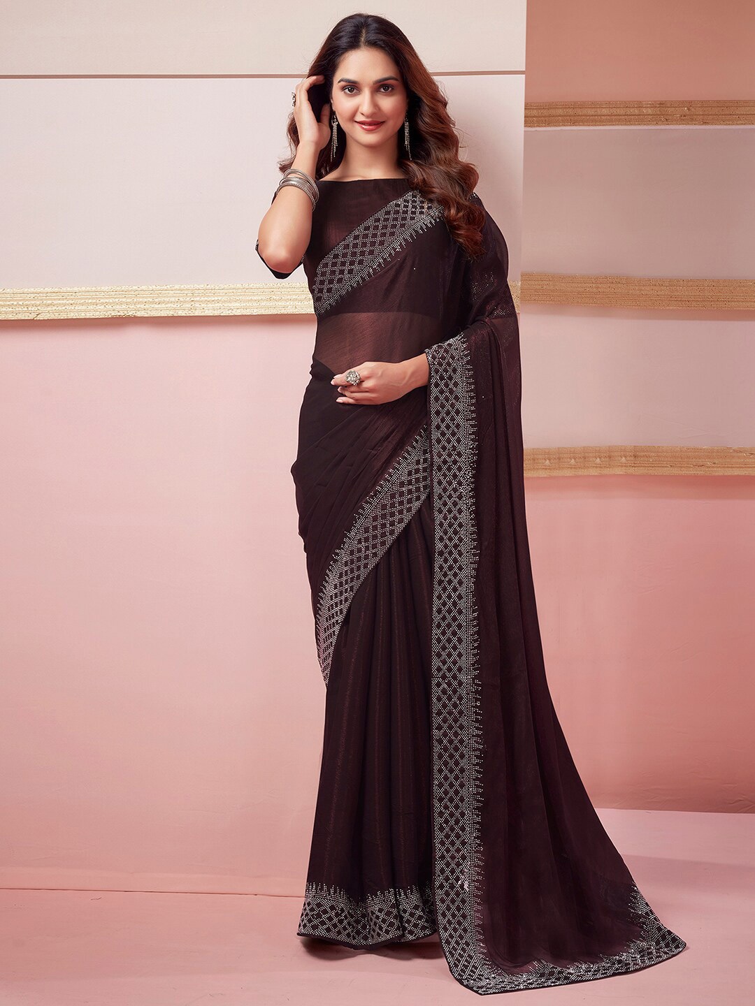 

Satrani Beads and Stones Pure Chiffon Arani Saree, Brown