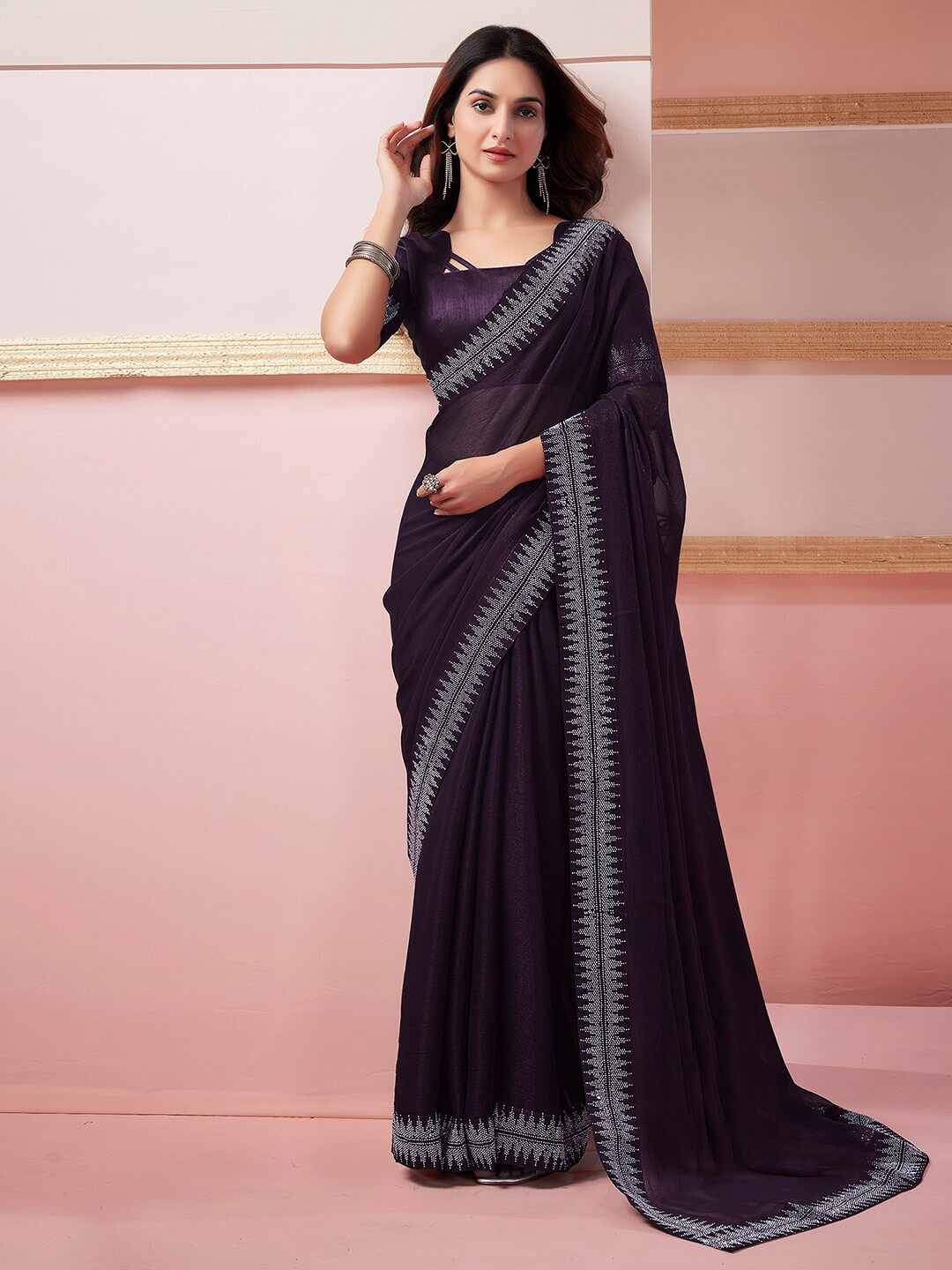 

Satrani Beads & Stones Pure Chiffon Arani Saree, Purple