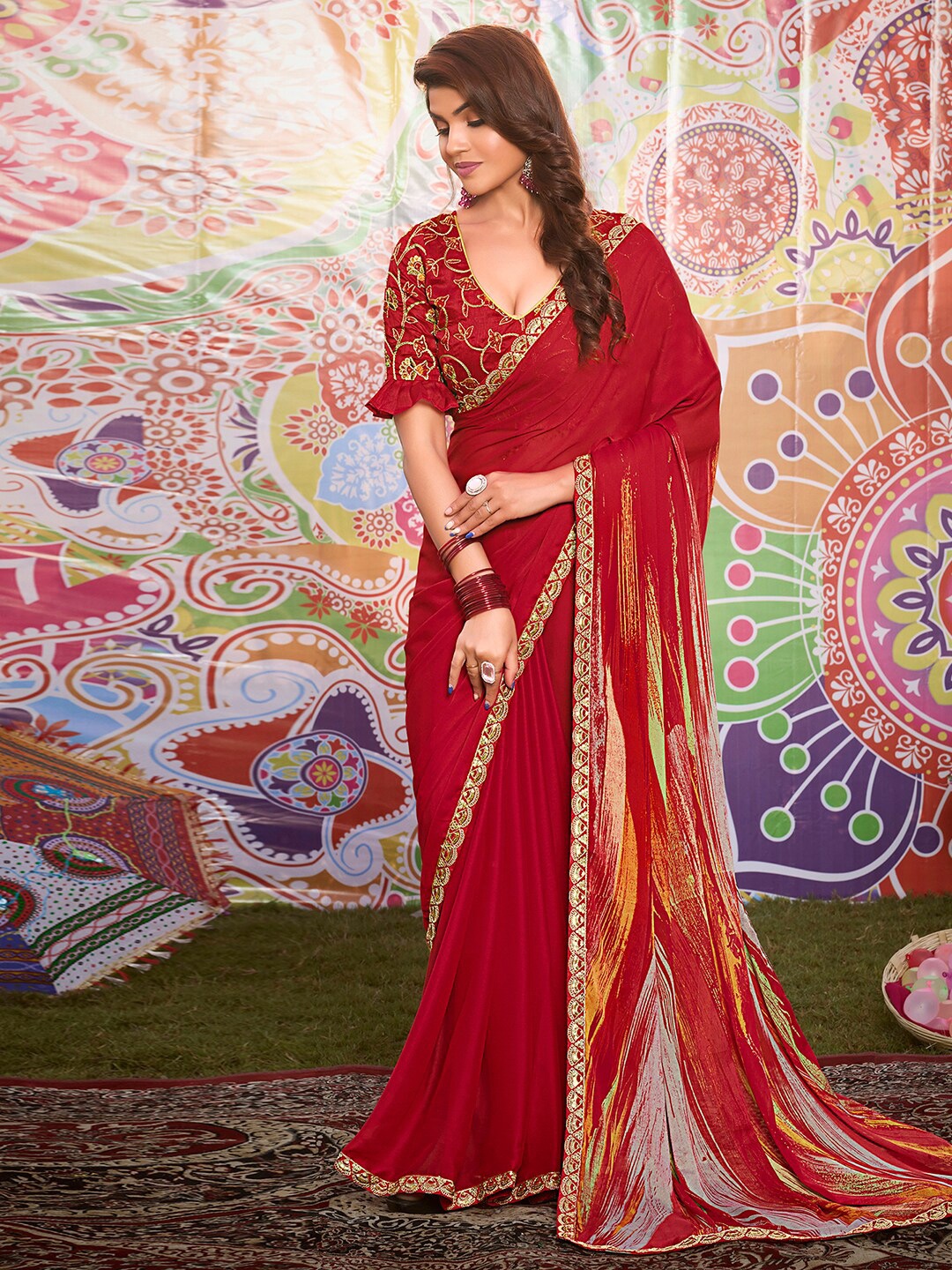 

Satrani Abstract Printed Sequinned Pure Georgette Chanderi Saree, Red