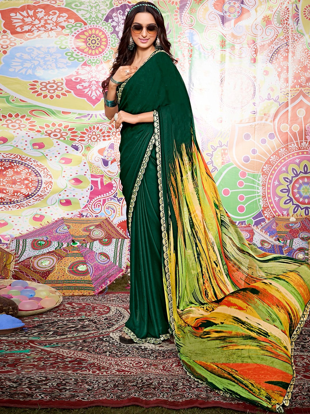 

Satrani Abstract Printed Sequinned Pure Georgette Chanderi Saree, Green