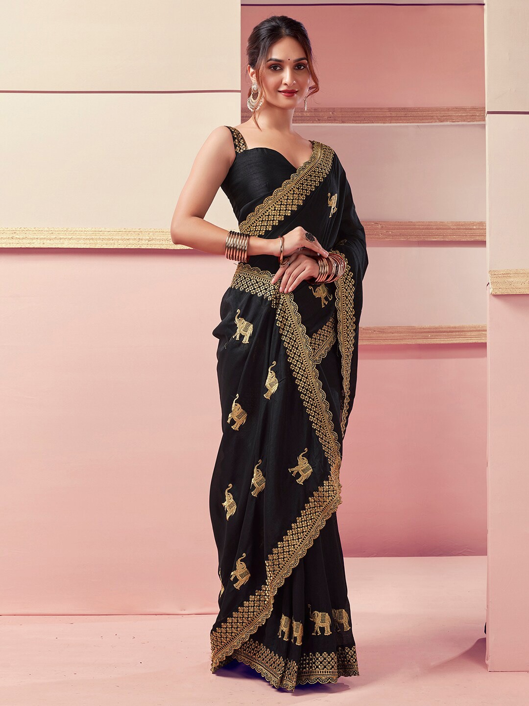 

Satrani Ethnic Motifs Embroidered Chanderi Saree, Black