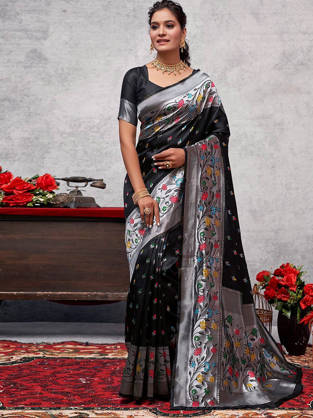 

Satrani Floral Woven Design Zari Paithani Saree, Black