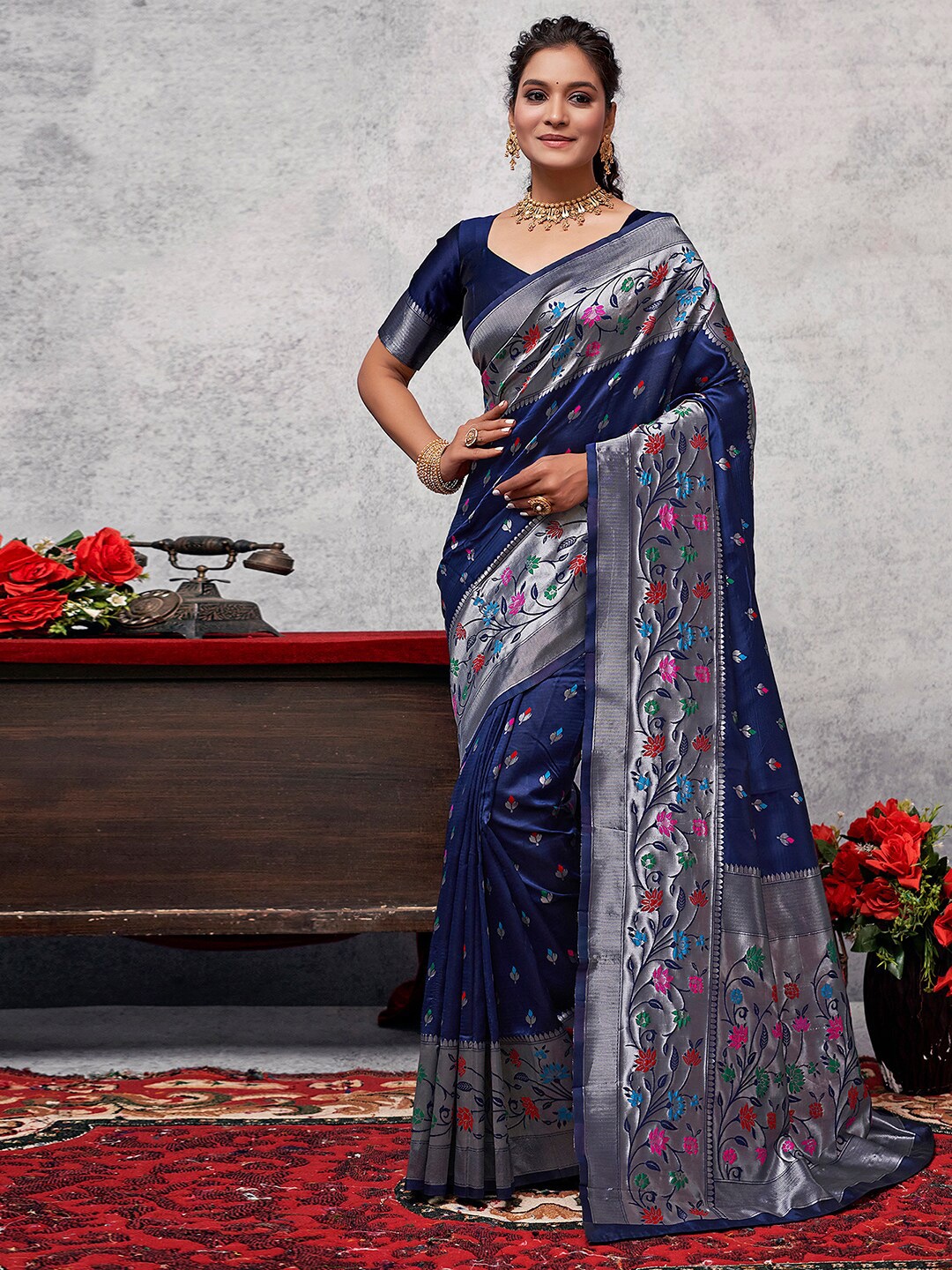 

Satrani Floral Woven Design Zari Paithani Saree, Navy blue