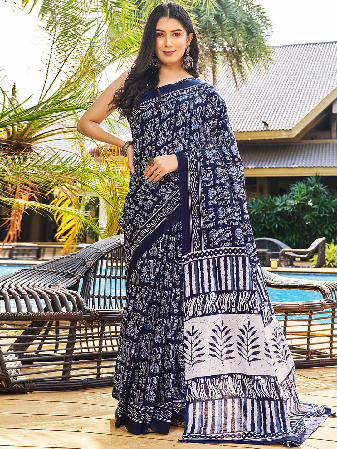 

Satrani Dabu Printed Ready to Wear Chanderi Saree, Navy blue