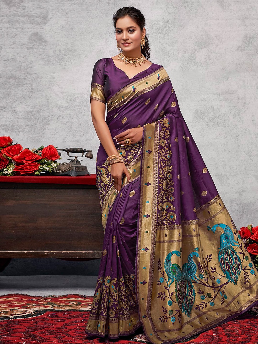 

Satrani Floral Woven Design Zari Paithani Saree, Purple
