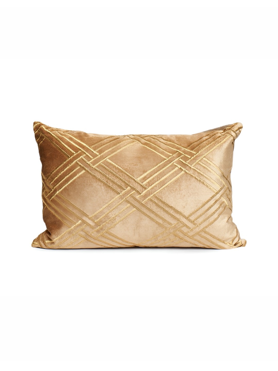 

House of Harkaari Criss Cross Embroidered Gold-Toned Velvet Cushion Cover with filler