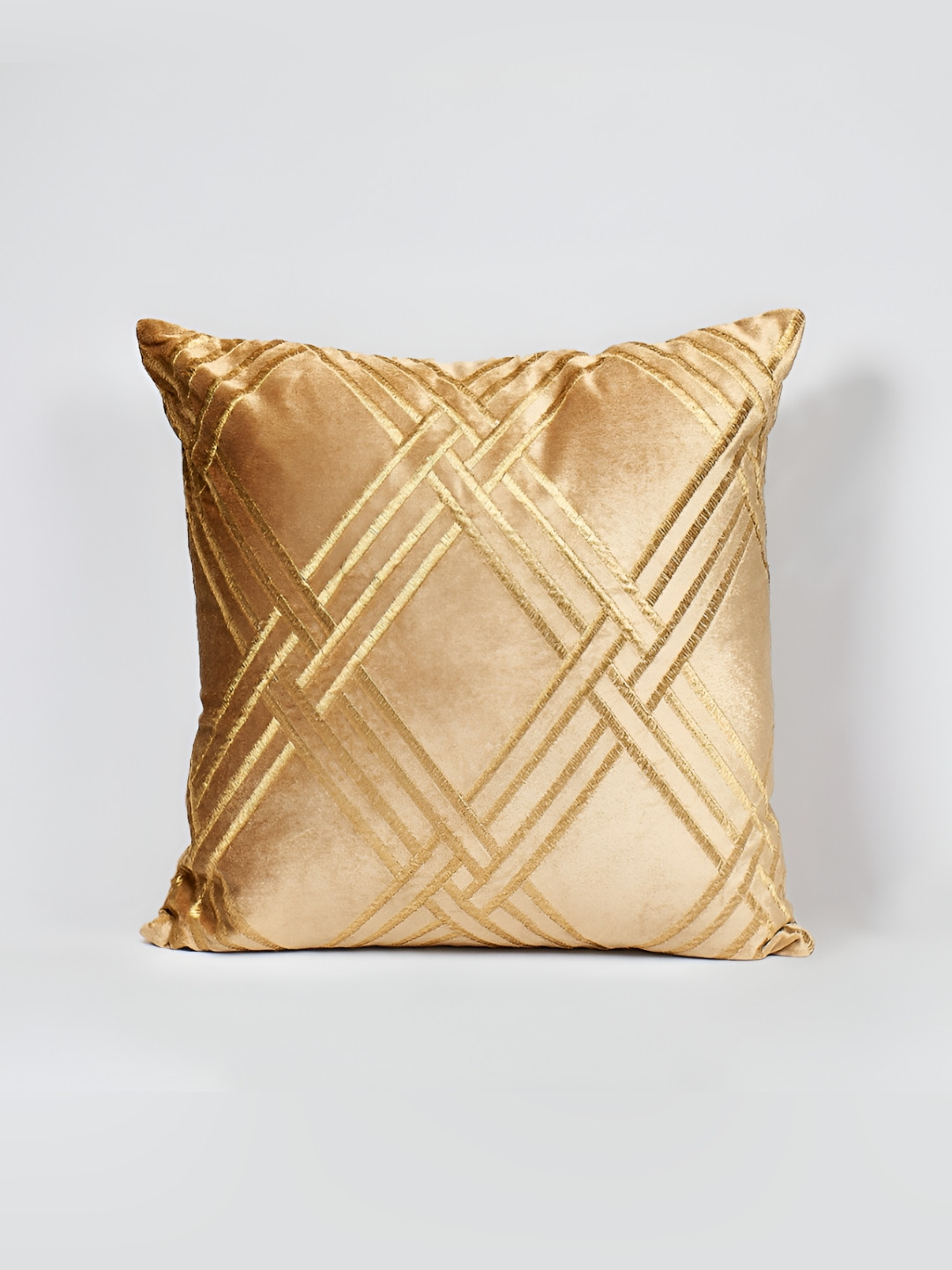

HOUSE OF HARKAARI Criss Cross Embroidered Gold-Toned Velvet Cushion cover with filler