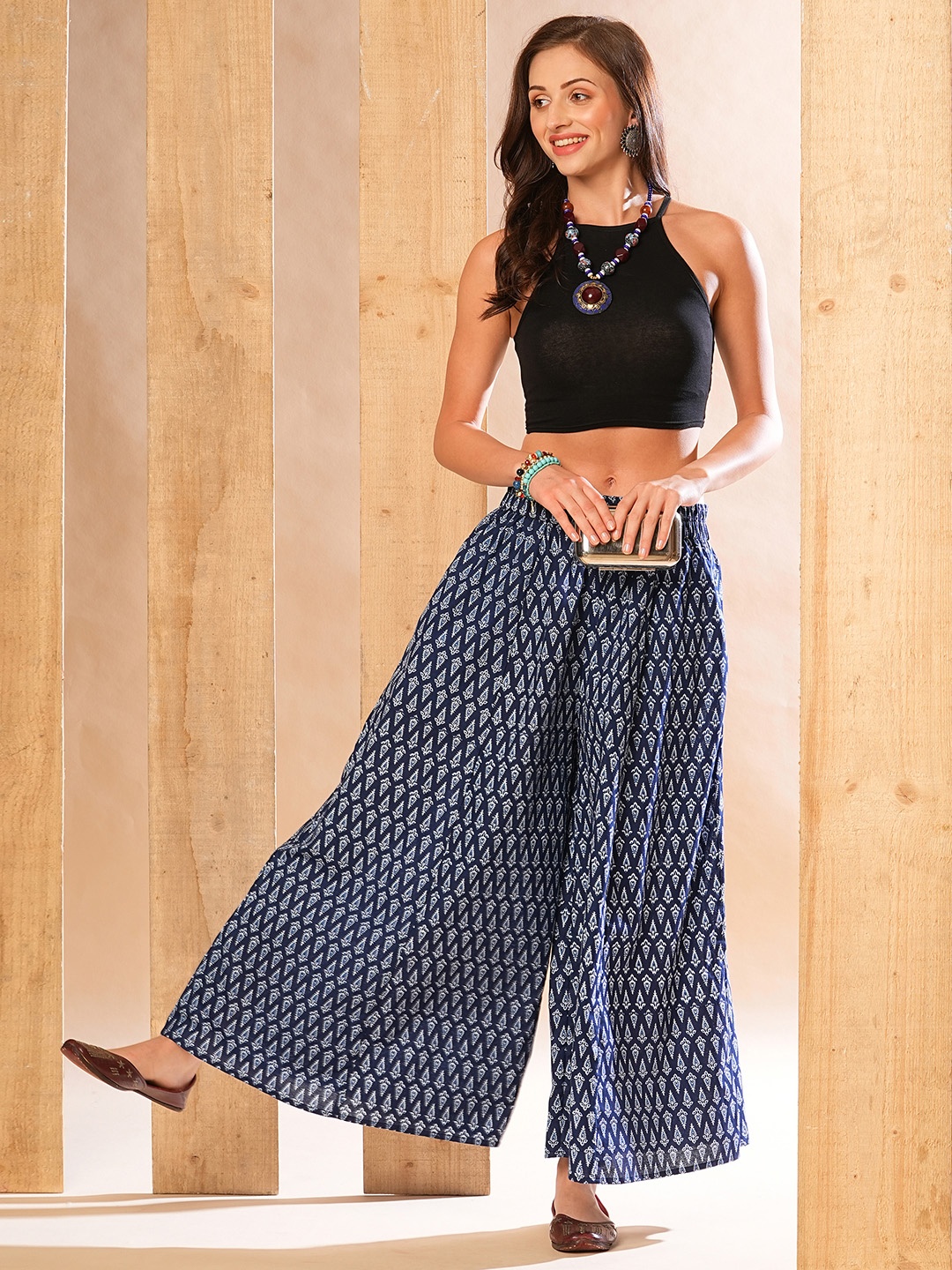 

Globus Allover Ethnic Printed Elasticated Waistband Flared Panelled Fusion Palazzos, Blue