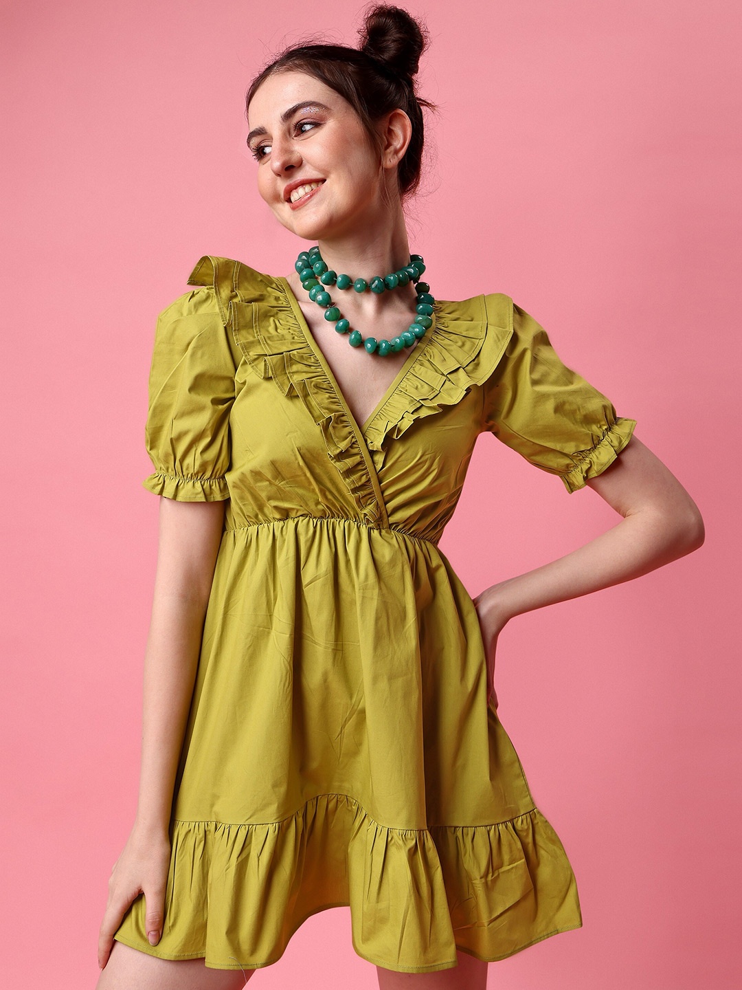 

GARDEN PARTY Cotton V-Neck Empire Mini Casual Dress, Lime green