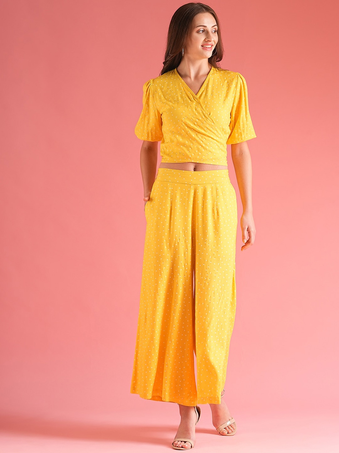 

Globus Women Yellow Wrap Tie Back Top With Palazzos Co-Ord Set
