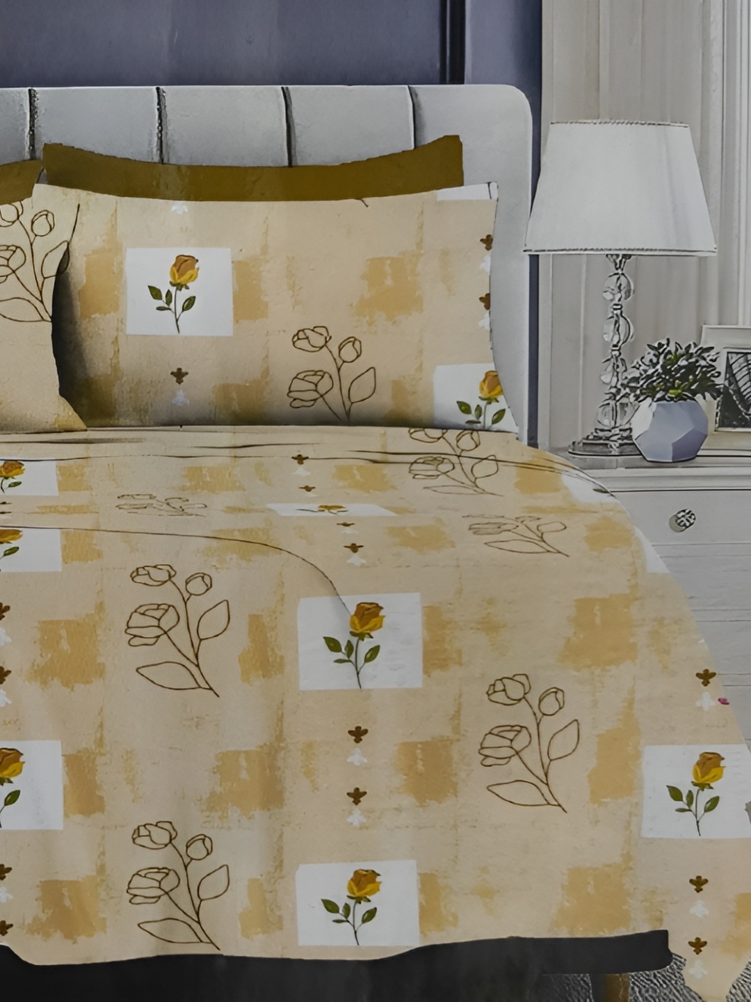 

Signature Beige & White Floral 210 TC King Bedsheet with 2 Pillow Covers