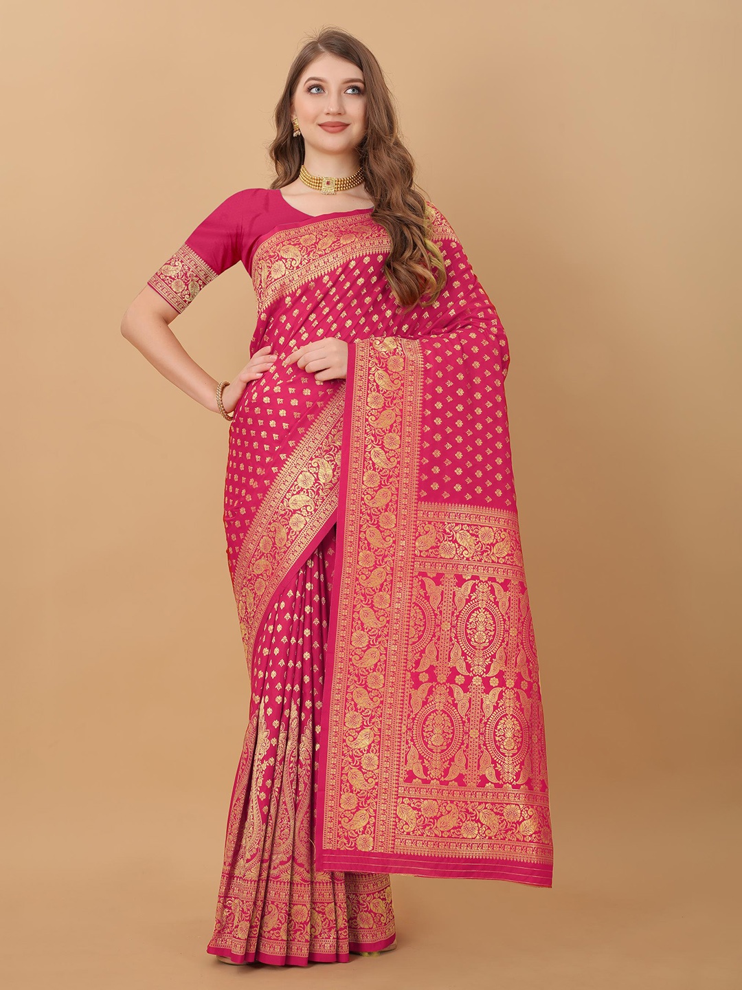 

PATIALAPICKS Woven Design Zari Pure Silk Paithani Saree, Pink