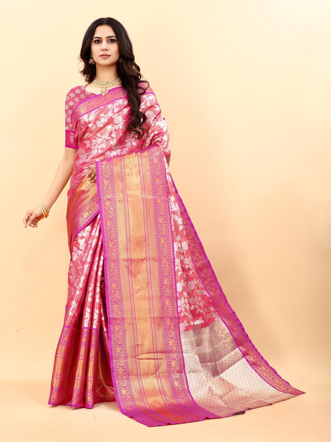 

PATIALAPICKS Woven Design Zari Pure Silk Kanjeevaram Saree, Pink