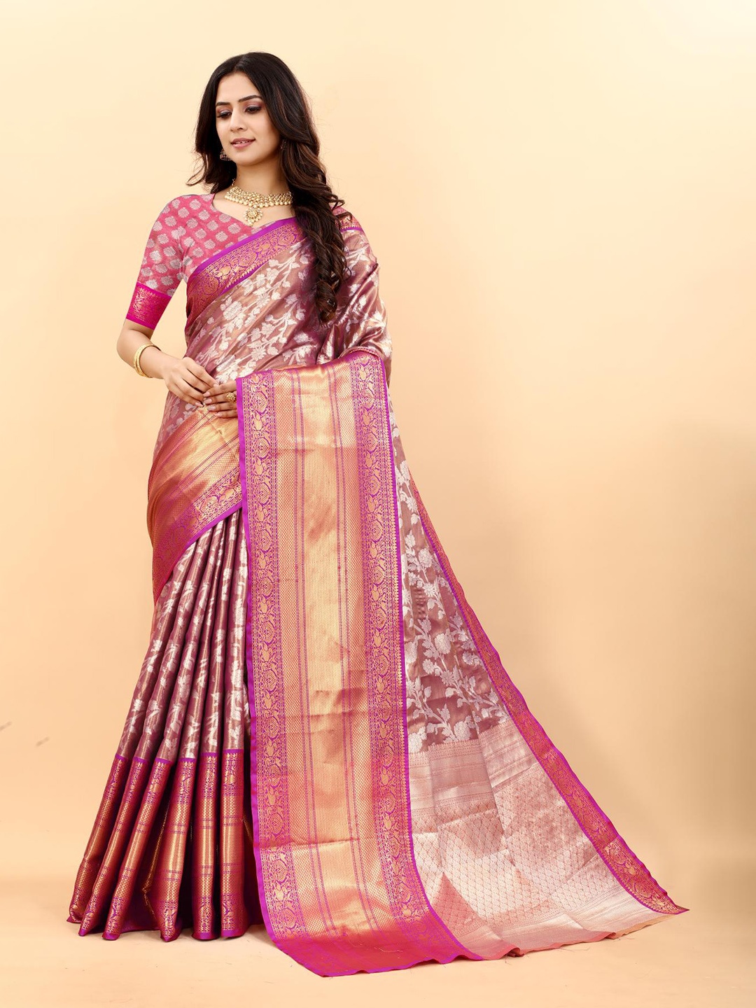 

PATIALAPICKS Woven Design Zari Pure Silk Kanjeevaram Saree, Lavender