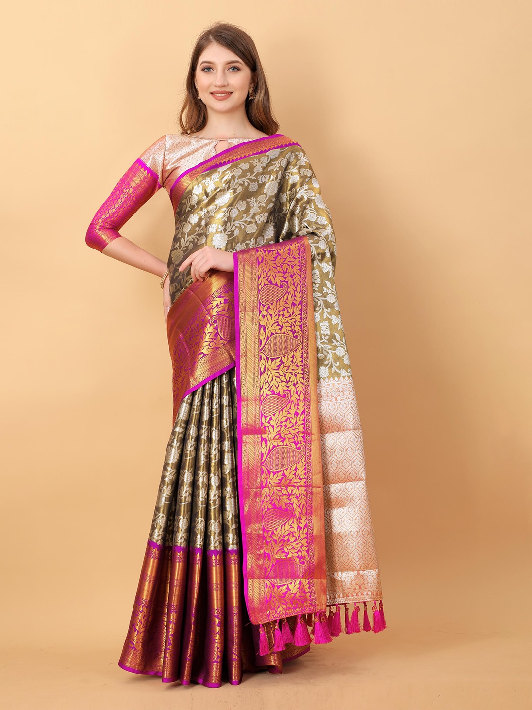 

PATIALAPICKS Woven Design Zari Pure Silk Kanjeevaram Saree, Olive