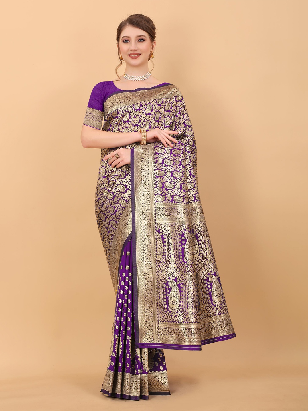 

PATIALAPICKS Woven Design Zari Pure Silk Paithani Saree, Purple