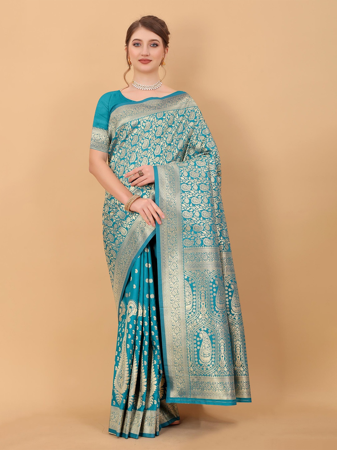

PATIALAPICKS Woven Design Zari Pure Silk Paithani Saree, Teal