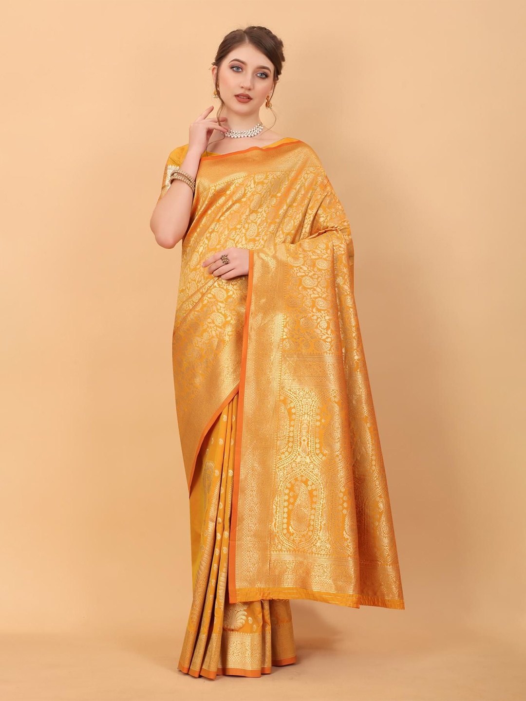 

PATIALAPICKS Paisley Zari Pure Silk Paithani Saree, Orange