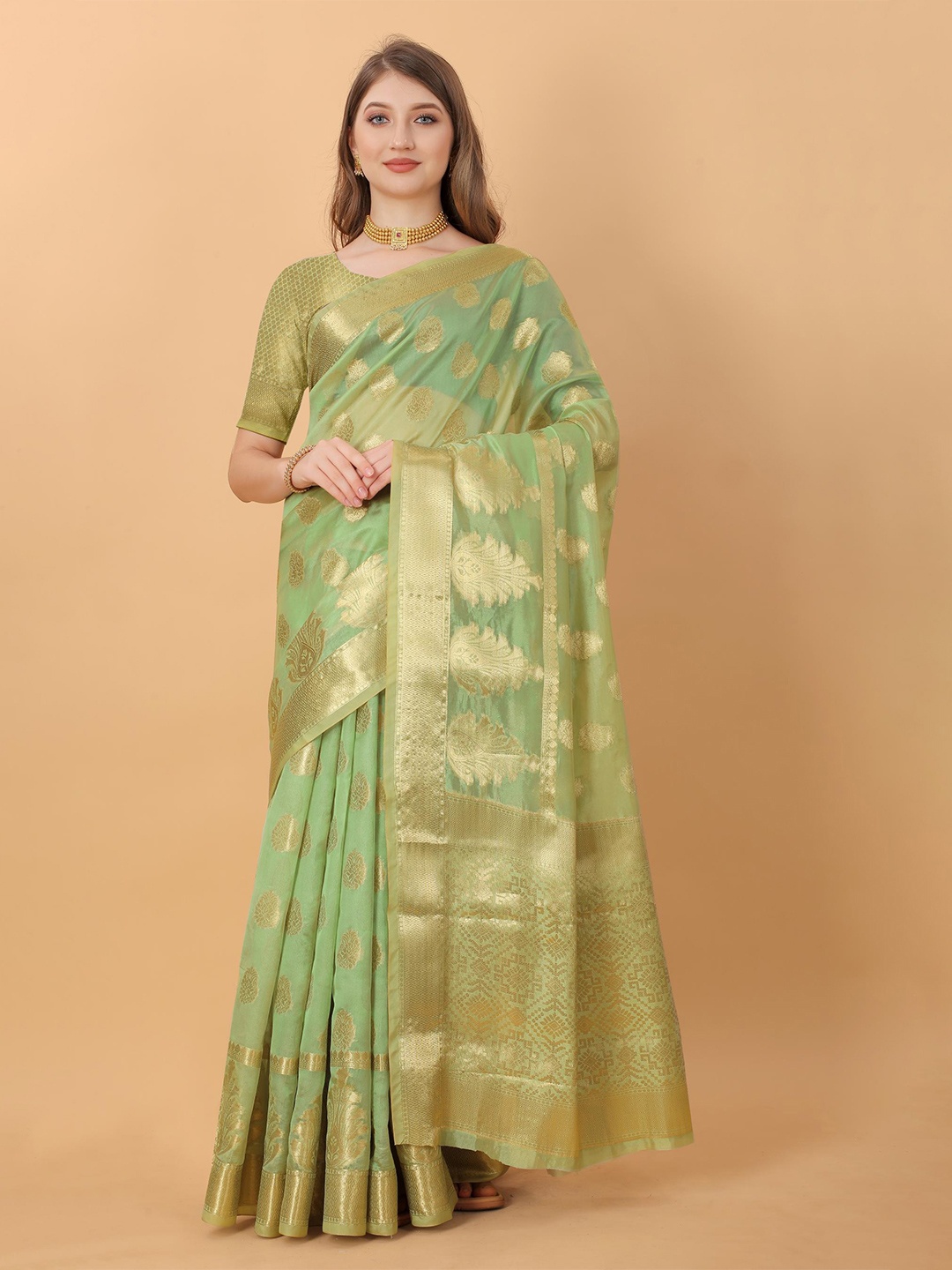 

PATIALAPICKS Woven Design Zari Organza Paithani Saree, Green
