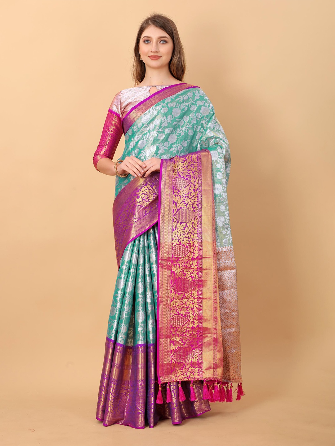

PATIALAPICKS Woven Design Zari Pure Silk Kanjeevaram Saree, Blue