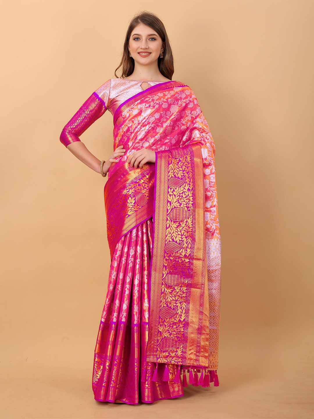 

PATIALAPICKS Woven Design Zari Pure Silk Kanjeevaram Saree, Pink