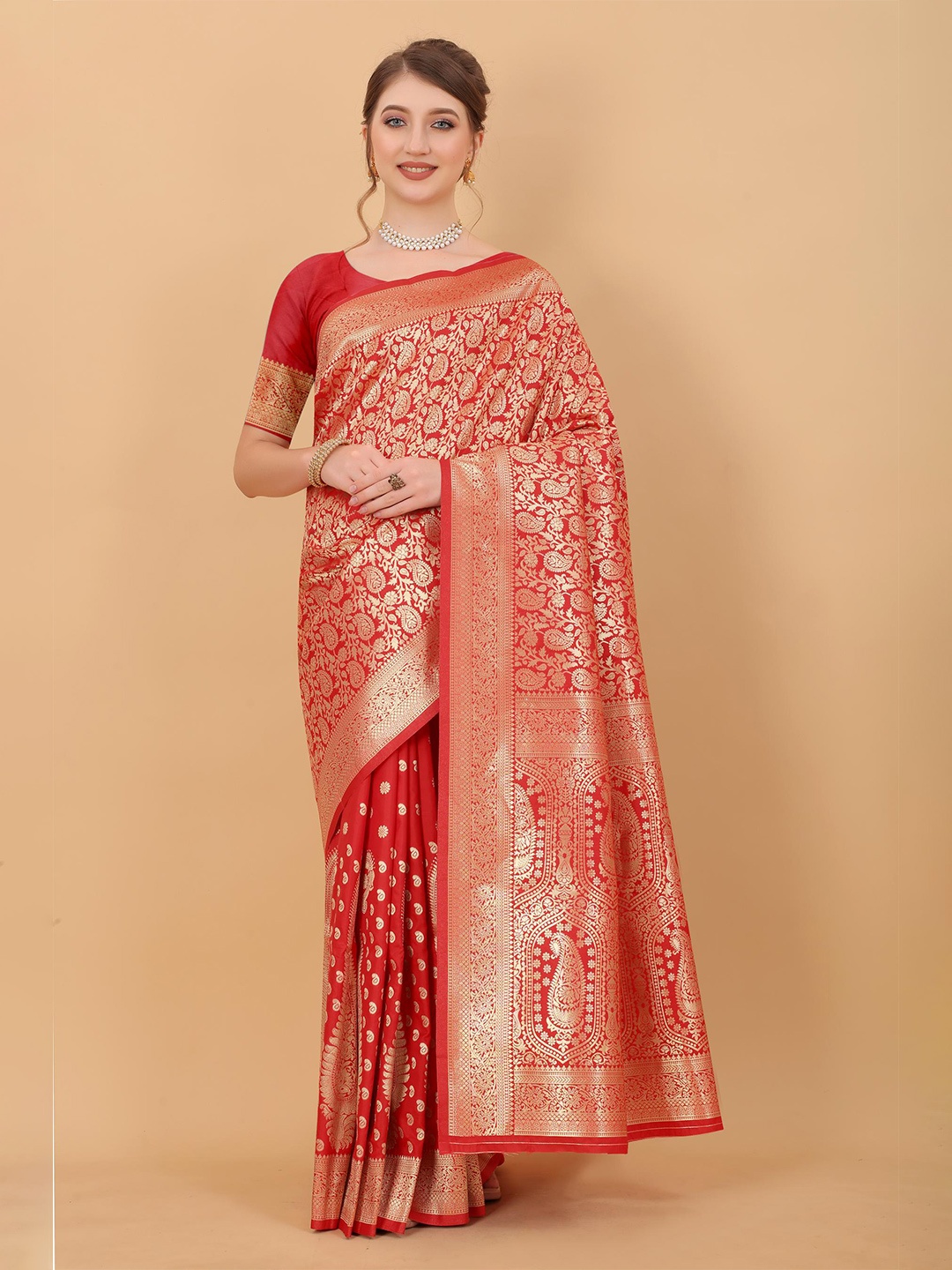 

PATIALAPICKS Woven Design Zari Pure Silk Paithani Saree, Red