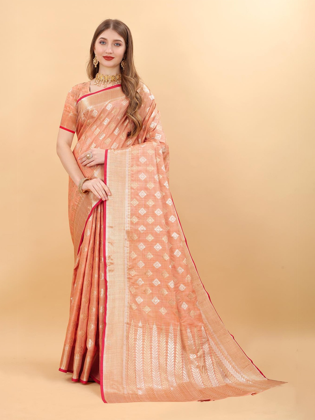 

PATIALAPICKS Woven Design Zari Pure Silk Paithani Saree, Peach