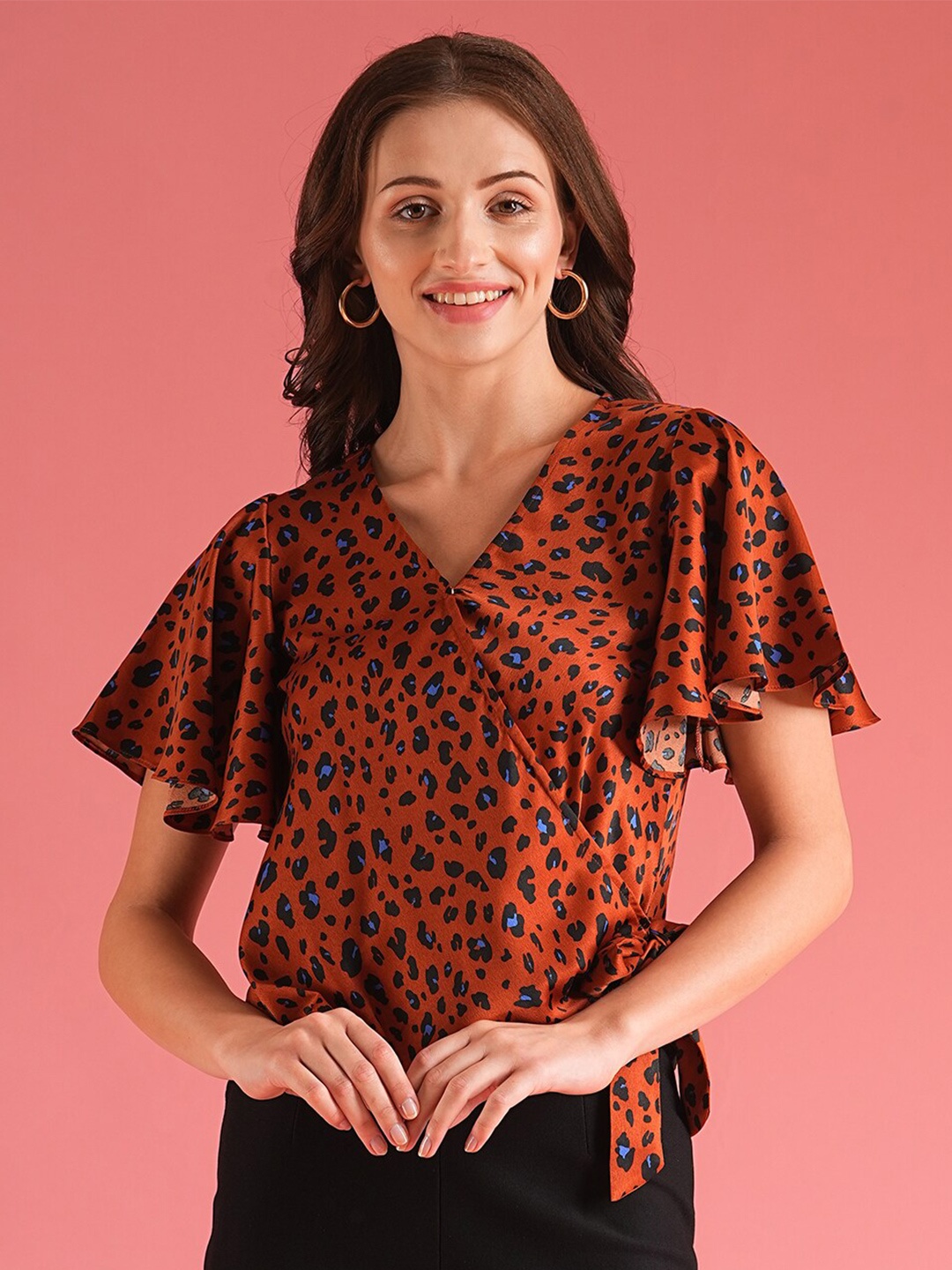 

Globus Animal Print V-Neck Flared Sleeve Wrap Top, Brown