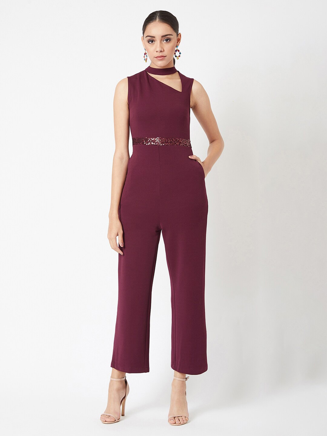 

Chemistry Sleeveless Solid Asymmetric Neck Cut-Out Regular Length Party Jumpsuit, Maroon