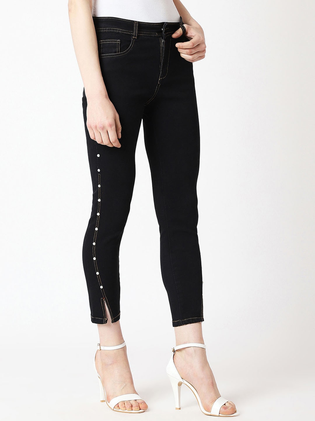 

Chemistry Women Skinny Fit High-Rise Mildly Distressed Stretchable Jeans, Black