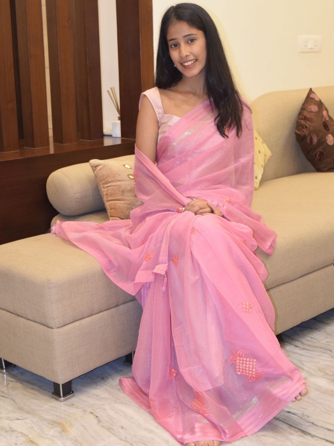 

PRETTY PALLU Geometric Embellished Mirror Work Pure Georgette Saree, Pink