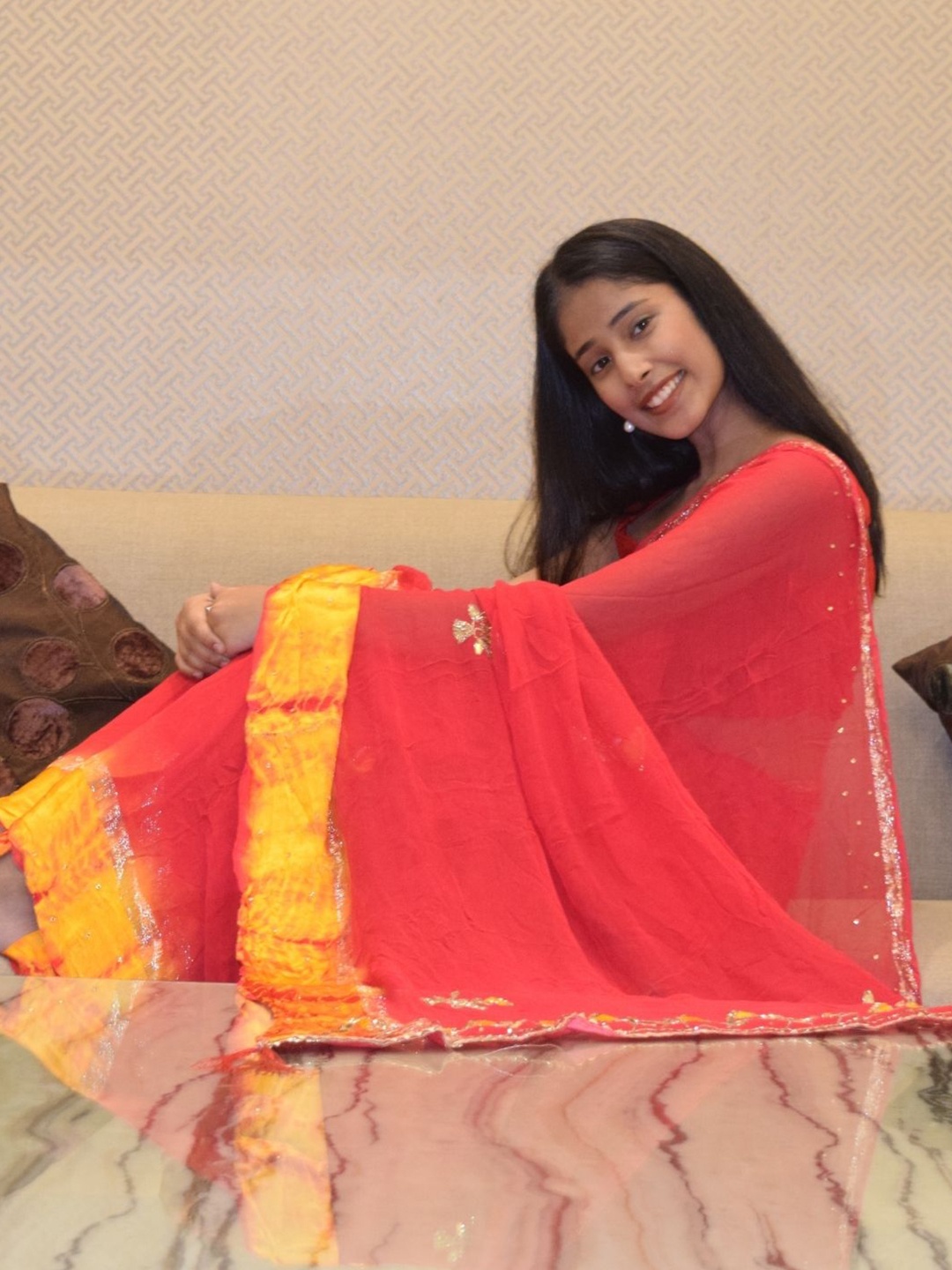 

PRETTY PALLU Floral Embellished Beads and Stones Pure Georgette Saree, Red