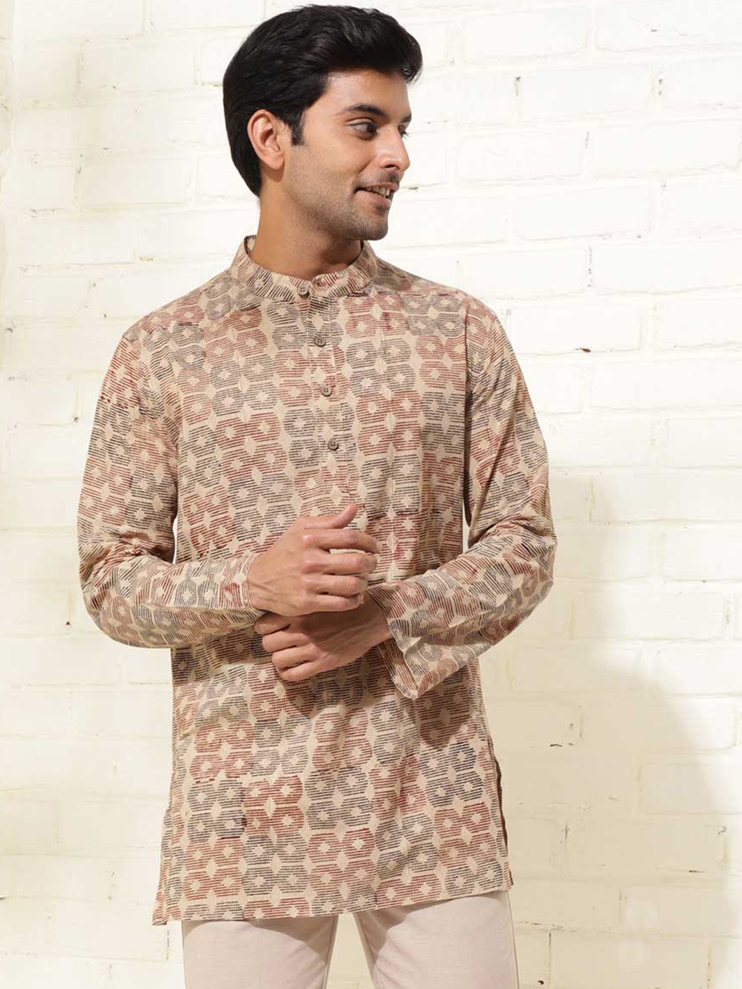 

Fabindia Mandarin Collar Long Sleeves Cotton Short Kurta, Beige