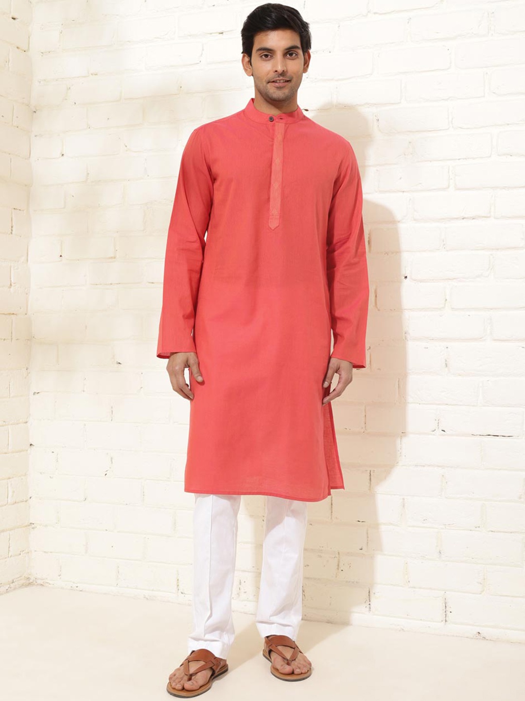 

Fabindia Band Collar Cotton Straight Kurta, Coral
