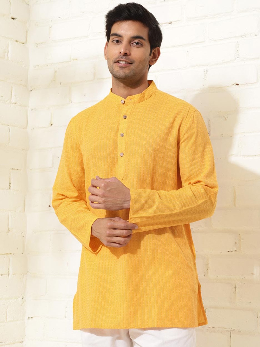 

Fabindia Striped Band Collar Cotton Short Kurta, Yellow