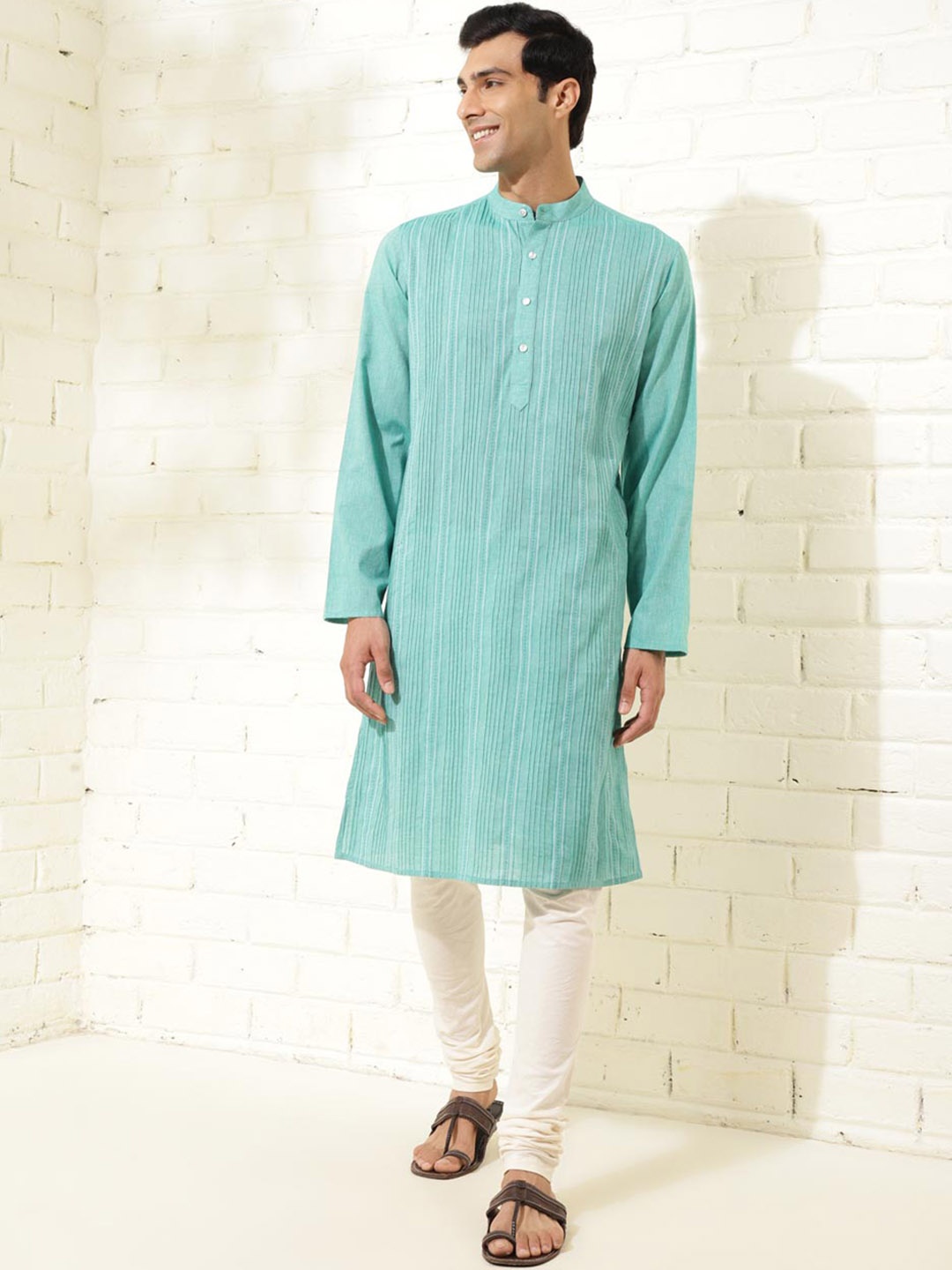 

Fabindia Striped Pintucks Cotton Straight Kurta, Green