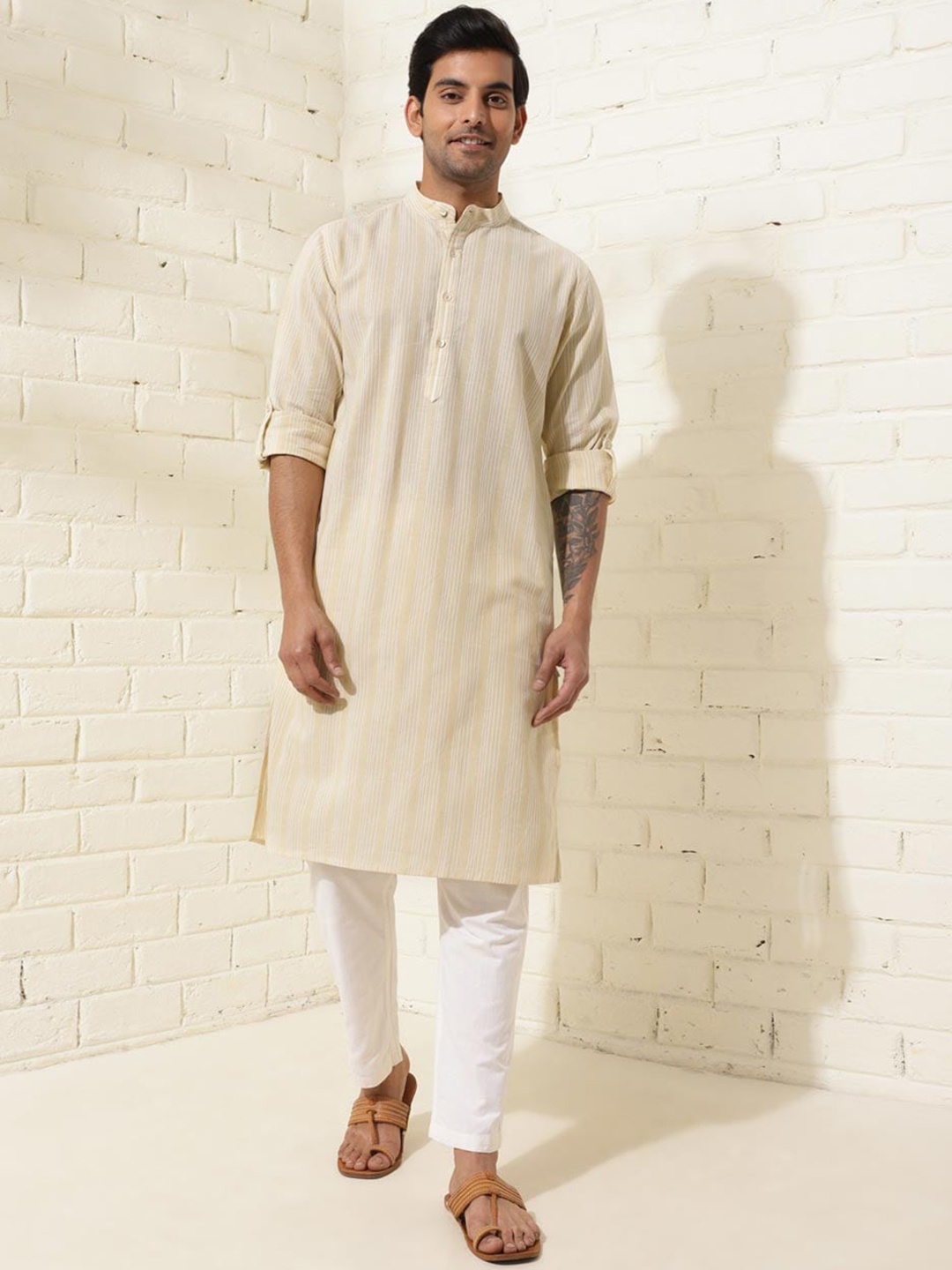 

Fabindia Striped Mandarin Collar Straight Kurta, Beige