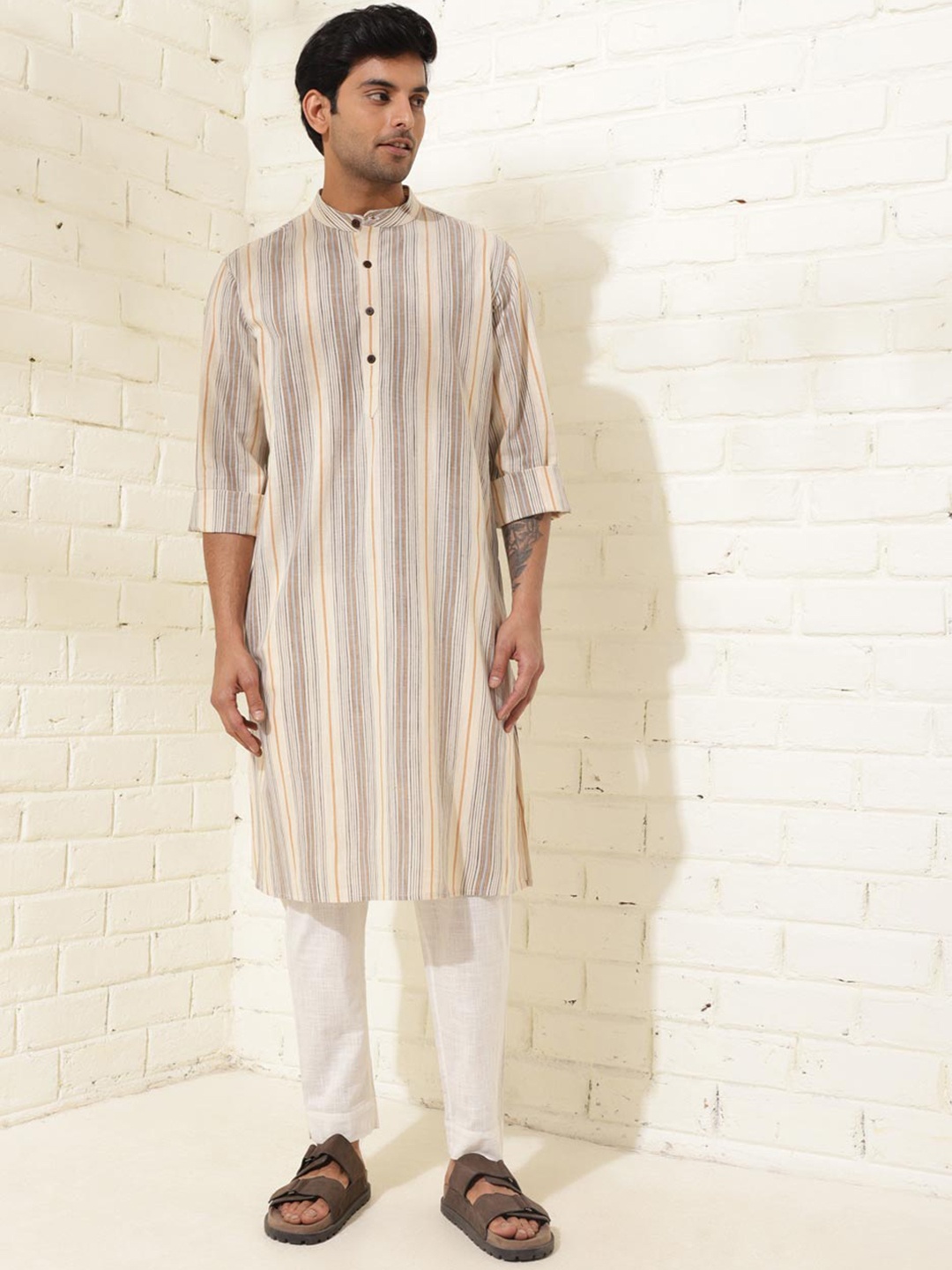 

Fabindia Striped Cotton Strigth Kurta, Off white