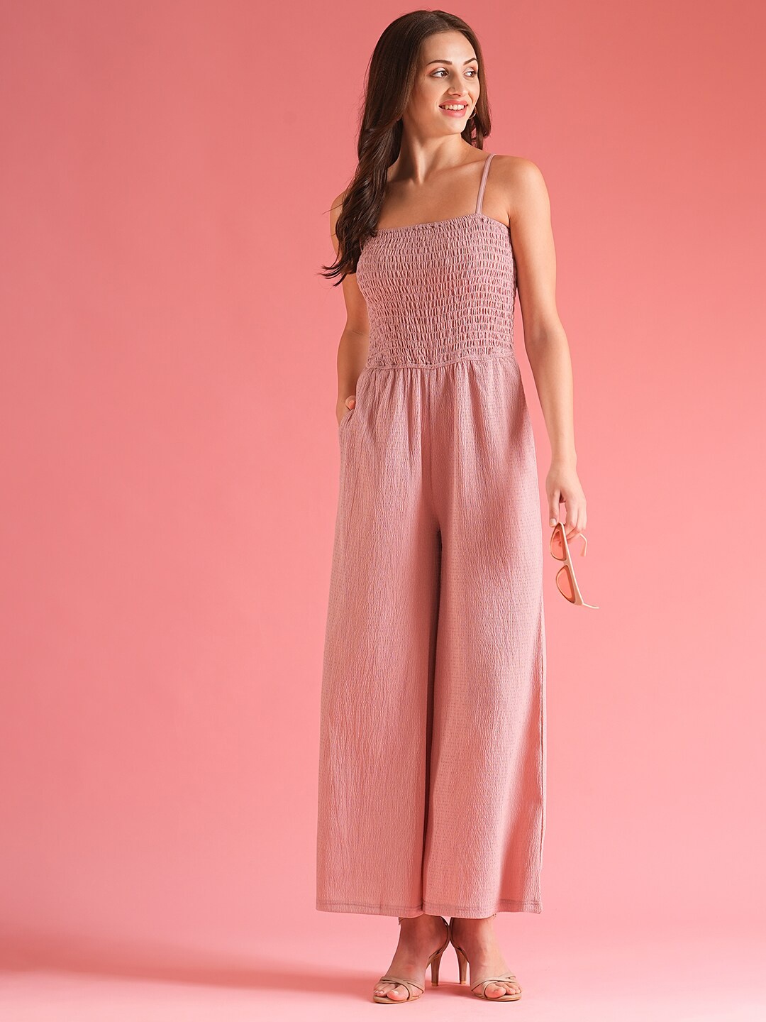 

Globus Square Neck Strappy Shoulder Self Design Stretchable Smocked Jumpsuit, Pink